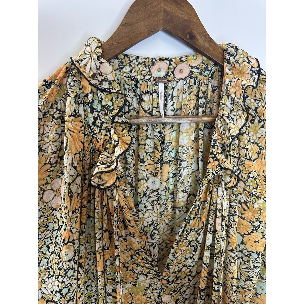 Free People Feeling Groovy Maxi Dress Yellow Floral Sheer Tiered LS Size Medium - Picture 10 of 16